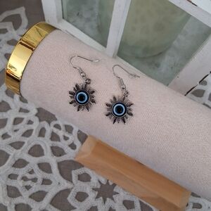 Evil Eye Sunburst Drop Earrings - Blue Silver